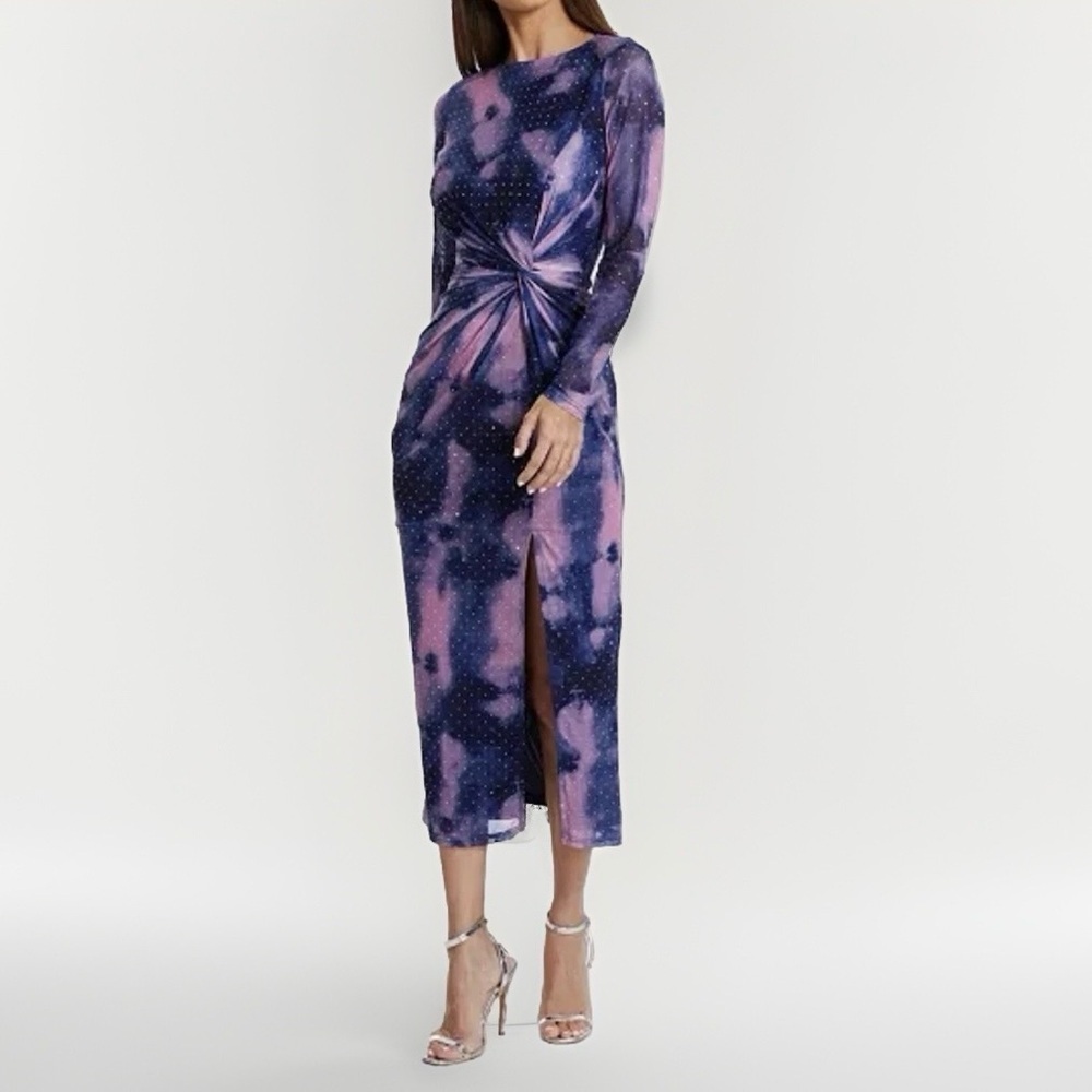 Quiz Marble Mesh Ruched Midi Dress Bodycon Pink Blue Sparkle Sheer Size 8 NEW